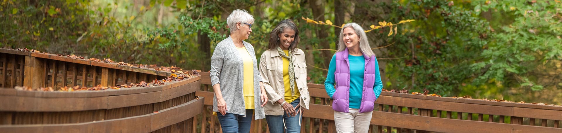 Three senior friends walking down a wooded path.